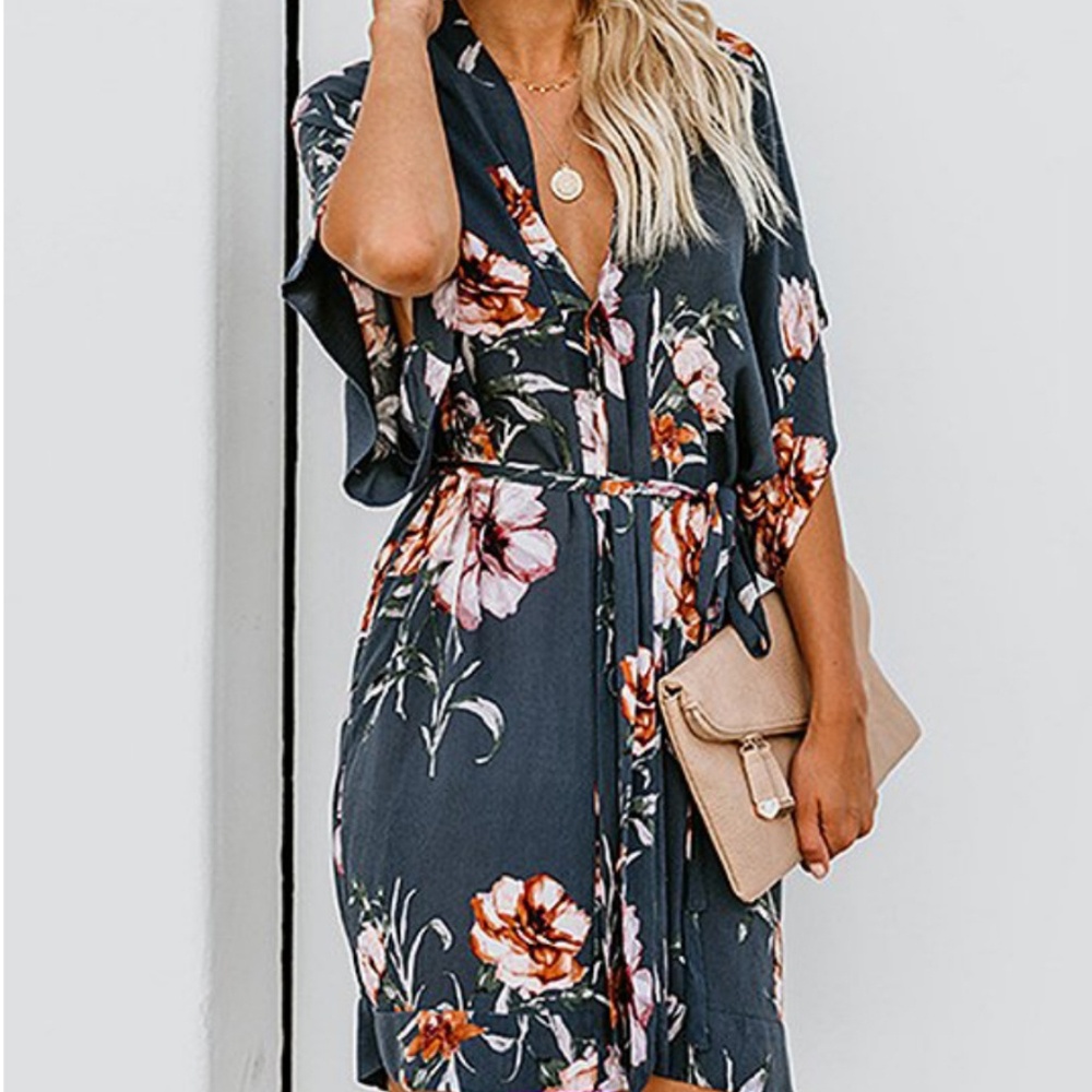 Navy Blue Floral Tie Waist Dress